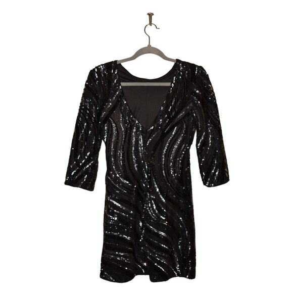EXPRESS $148 3/4 Sleeve Sequin V-Back Mini Cocktail Dress Black Size 0 - Picture 2 of 4